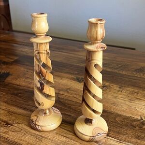 Vintage Olive Wood Carved Spiral Candlestick Set of 2